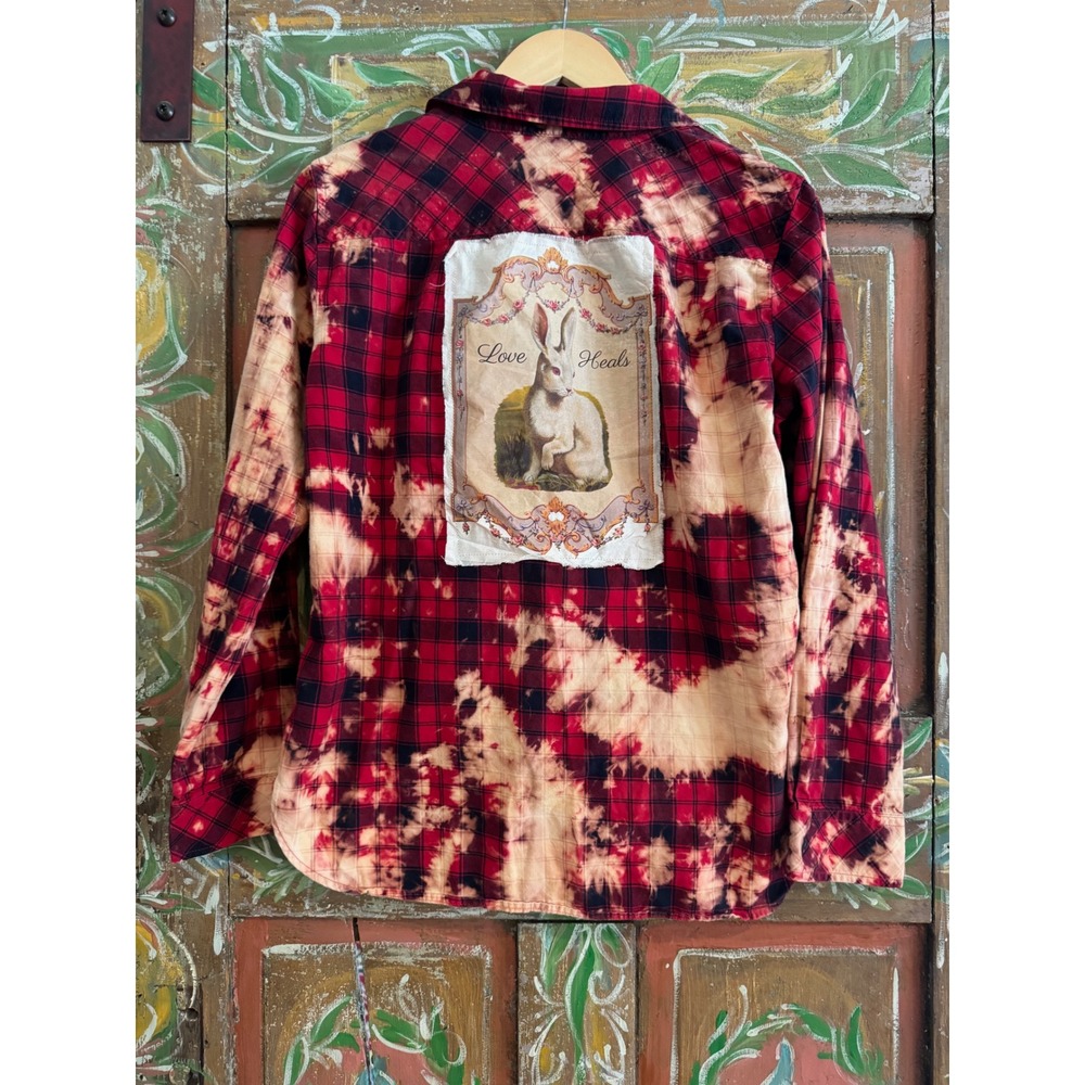 Upcycled/Reworked Flannel Shirt| Vintage "Love Heals" Rabbit| Boho| Medium